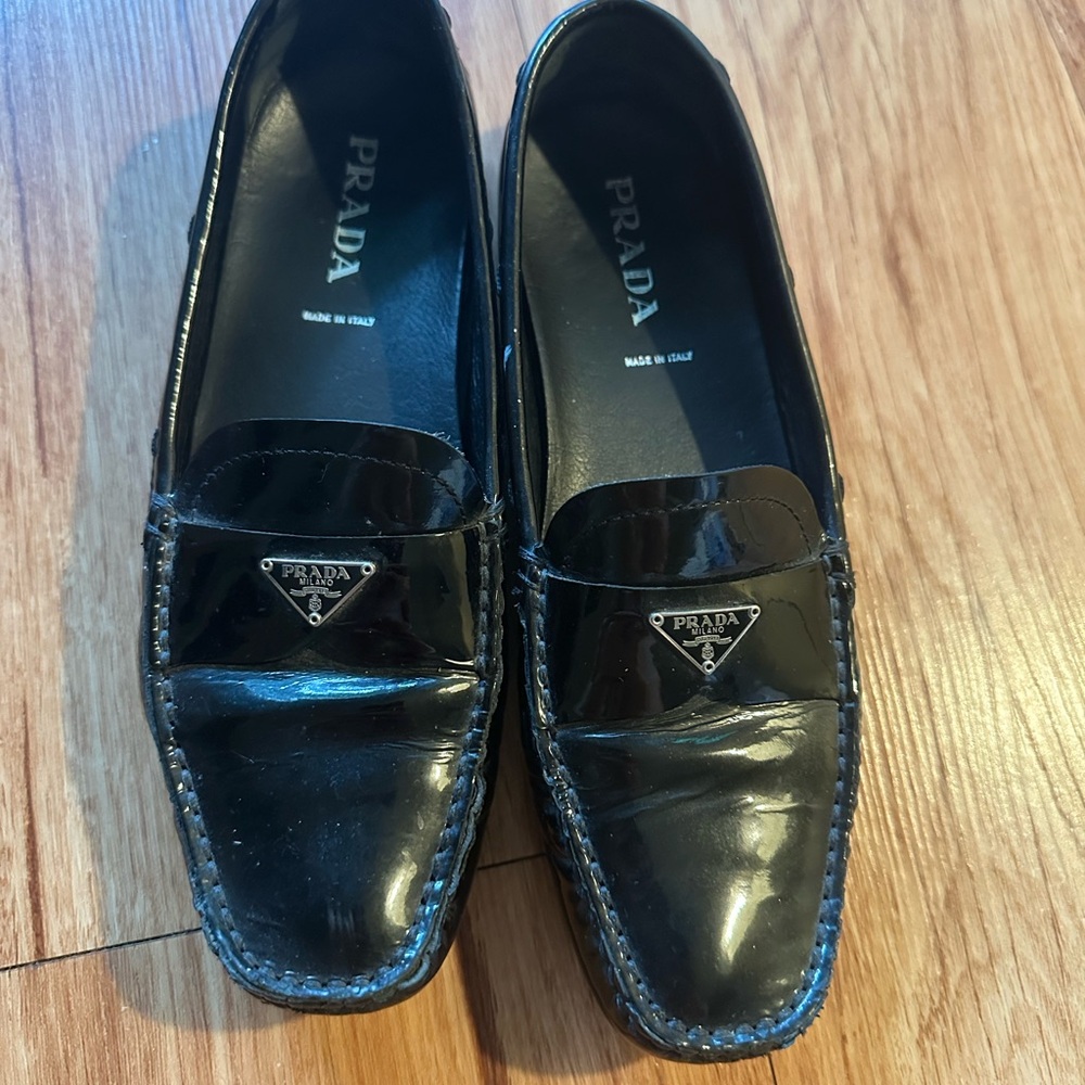 Prada Black Leather Loafers with Logo Detail